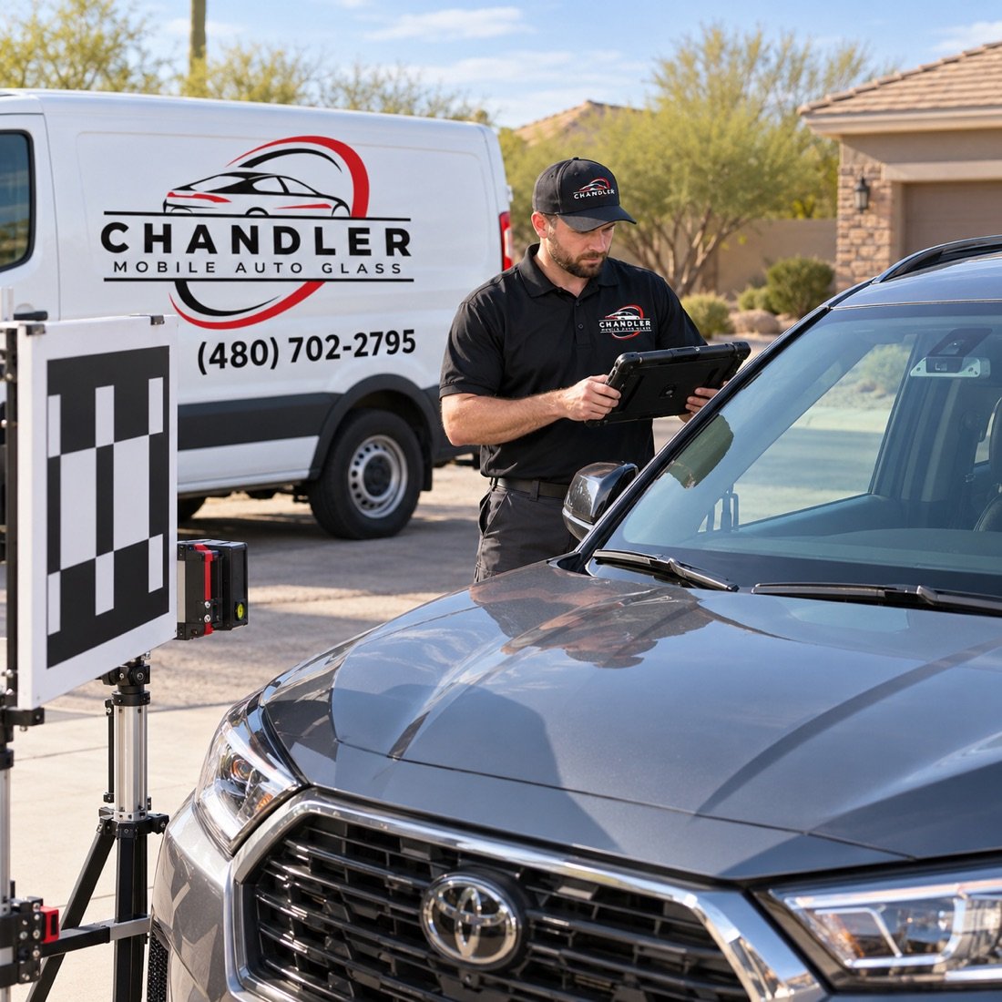 Chandler Mobile Auto Glass technician with a tablet beside an SUV in a residential driveway