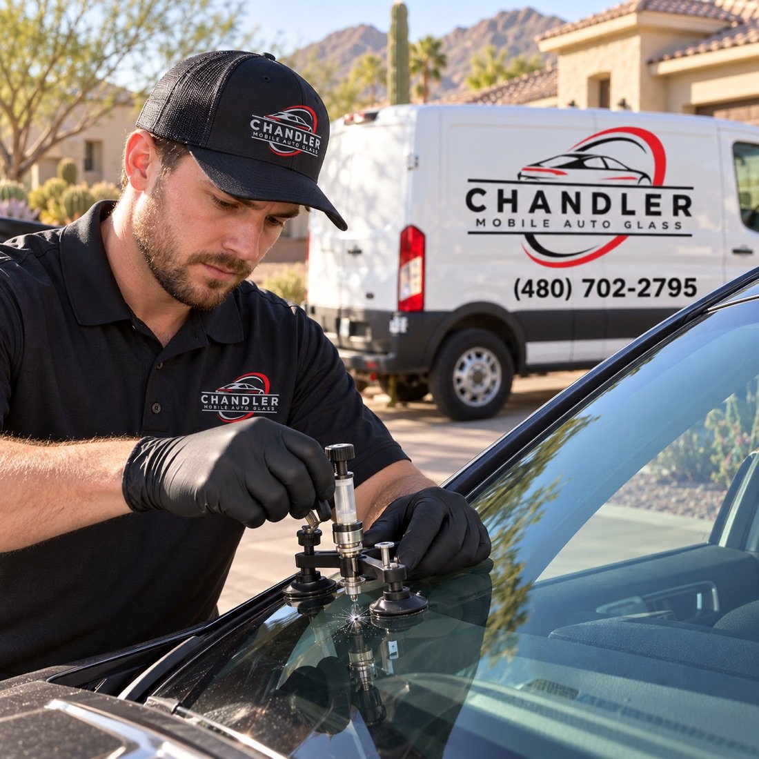 Chandler Mobile Auto Glass technician repairing a windshield chip