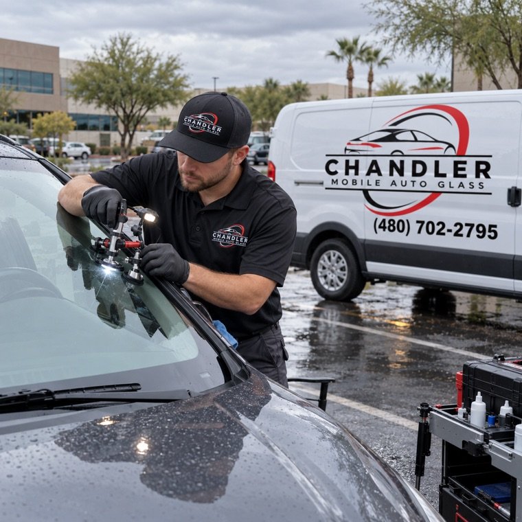 Technician repairing a chip in a windshield beside a Chandler Mobile Auto Glass van