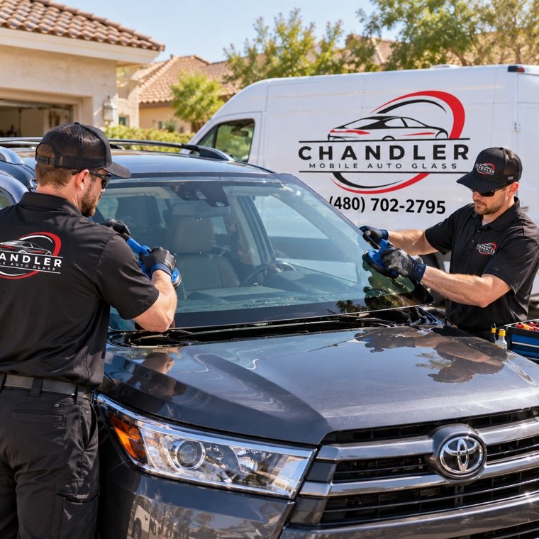 Two technicians setting a new windshield on an SUV