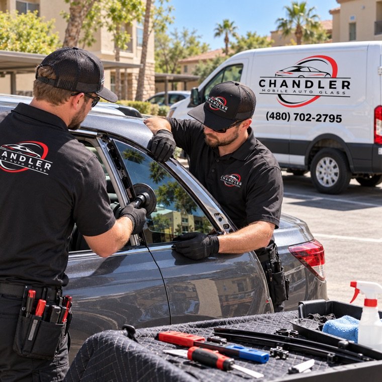Technicians fitting a new door window on an SUV