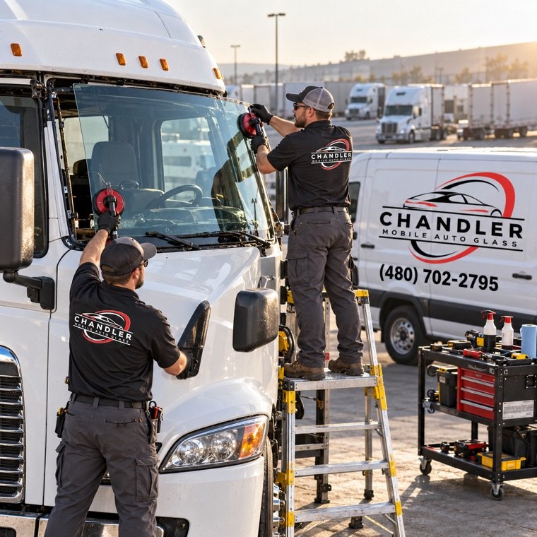 Two Chandler Mobile Auto Glass technicians replacing a semi-truck windshield