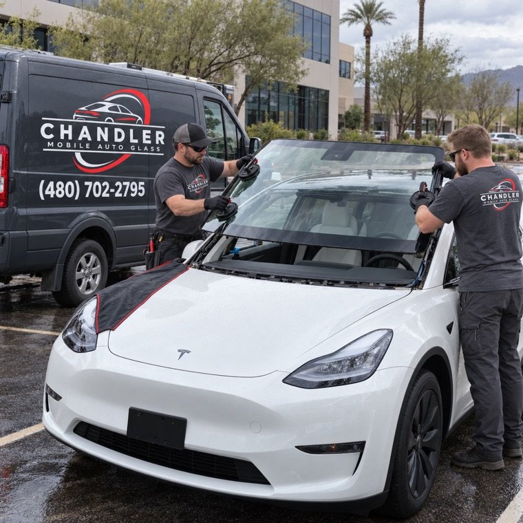 Technicians replacing the windshield on a white Tesla