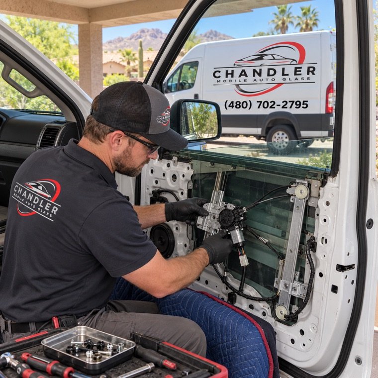 Technician working on a window regulator inside an open door panel