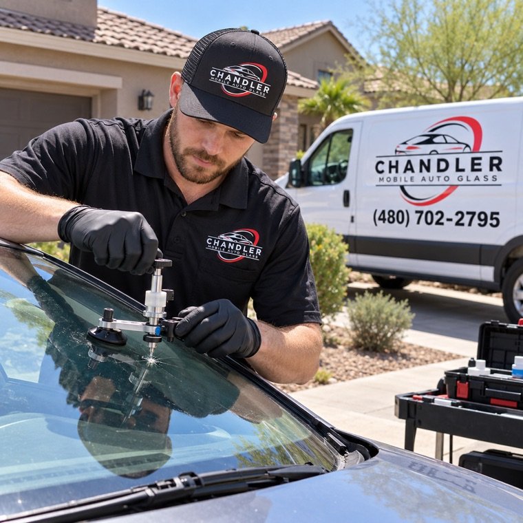 Technician using a resin injector on a windshield chip