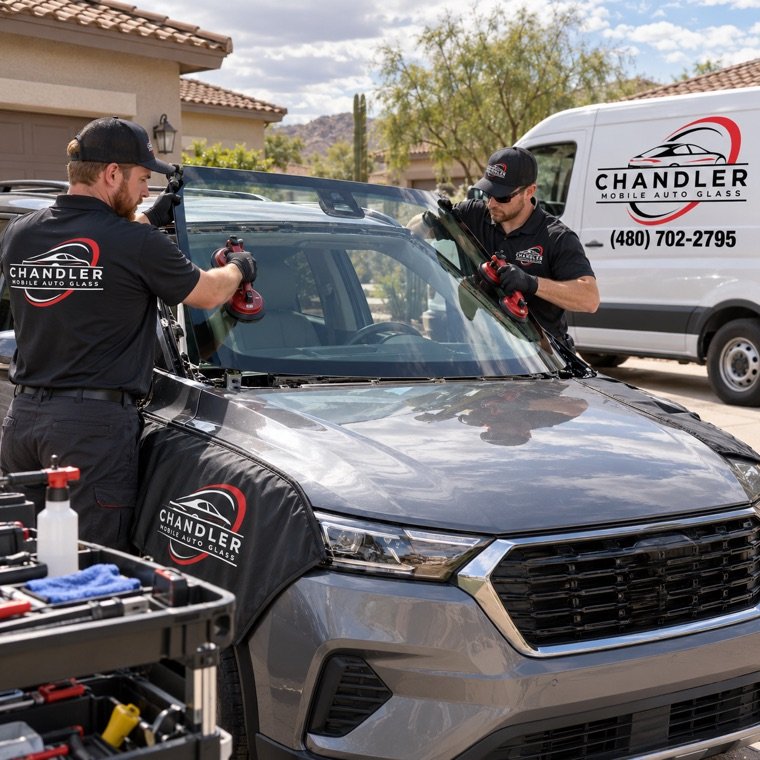 Two technicians lowering a replacement windshield into place
